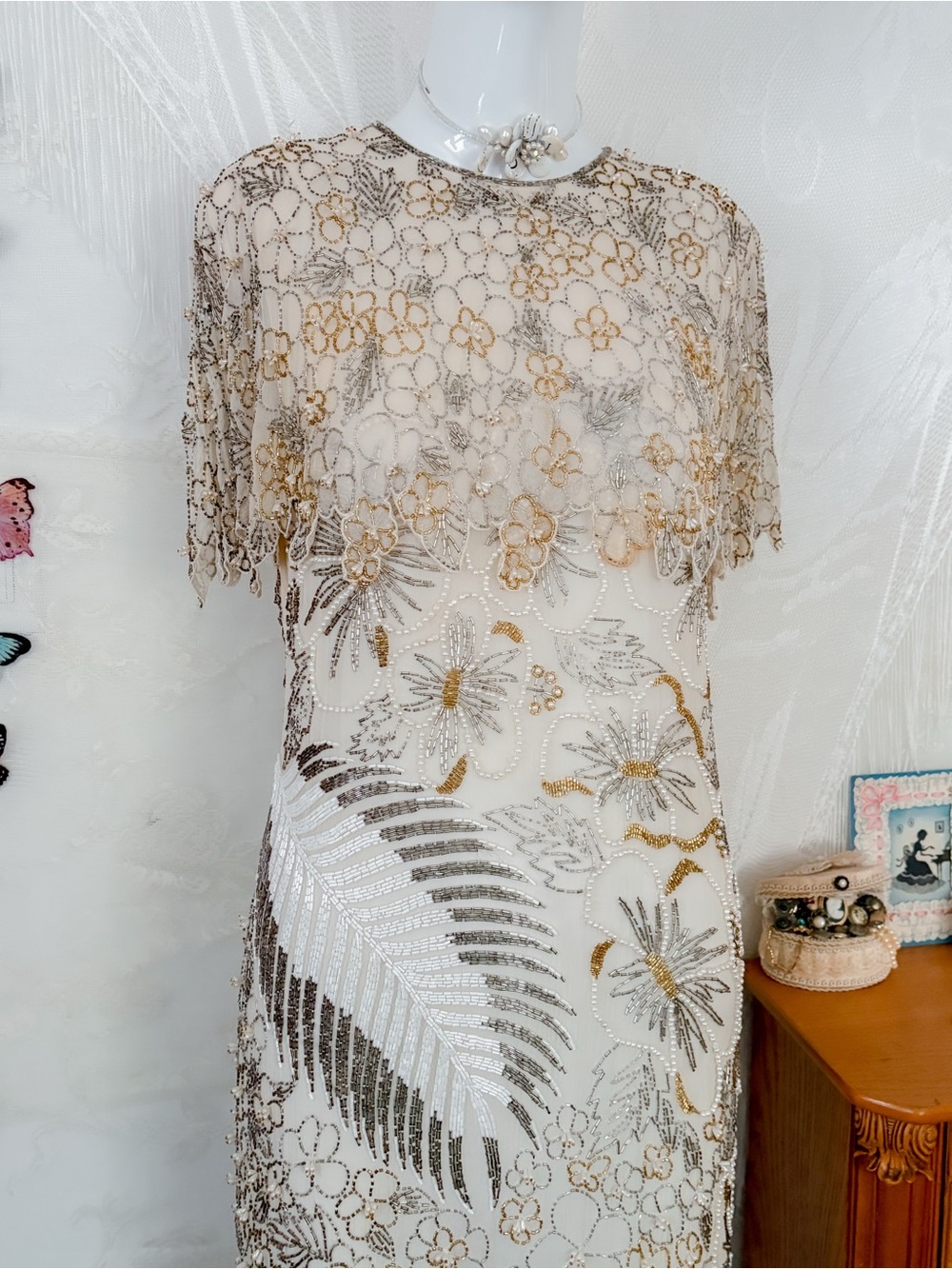 Vintage gatsby glam girly silk beaded maxi dress - Picture 4 of 8